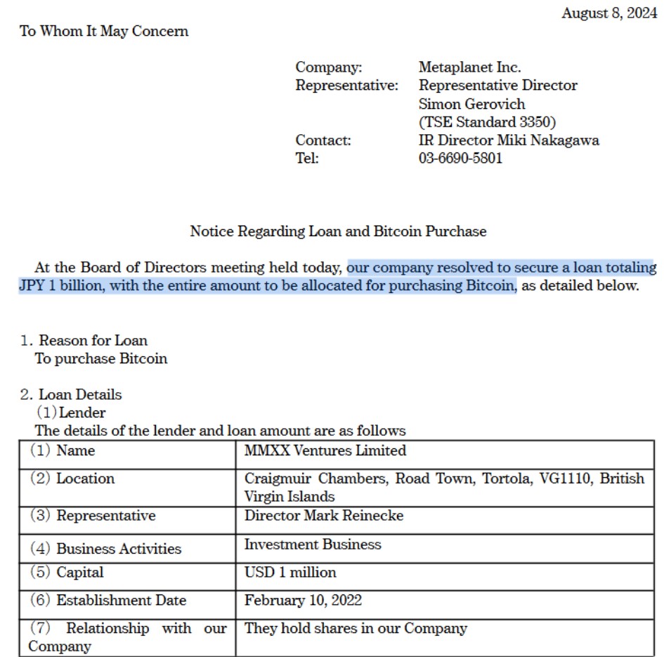 thỏa thuận cho vay Bitcoin của Metaplanet. Nguồn: Metaplanet.